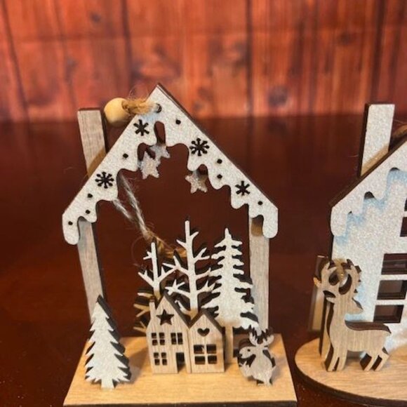 ornament Rustic Wood Christmas House Set of 2 With Reindeer & Pine Trees - Picture 3 of 5